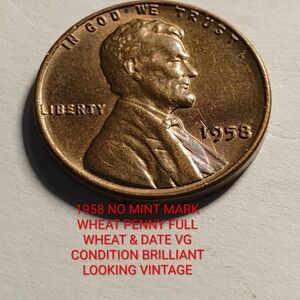 ✅❤️1958 NO MINT MARK WHEAT PENNY FULL WHEATS AND DATE